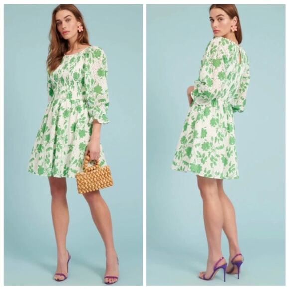 Rachel Parcell | Eyelet Smocked Green White Graden Party Dress Green White M - Picture 2 of 11